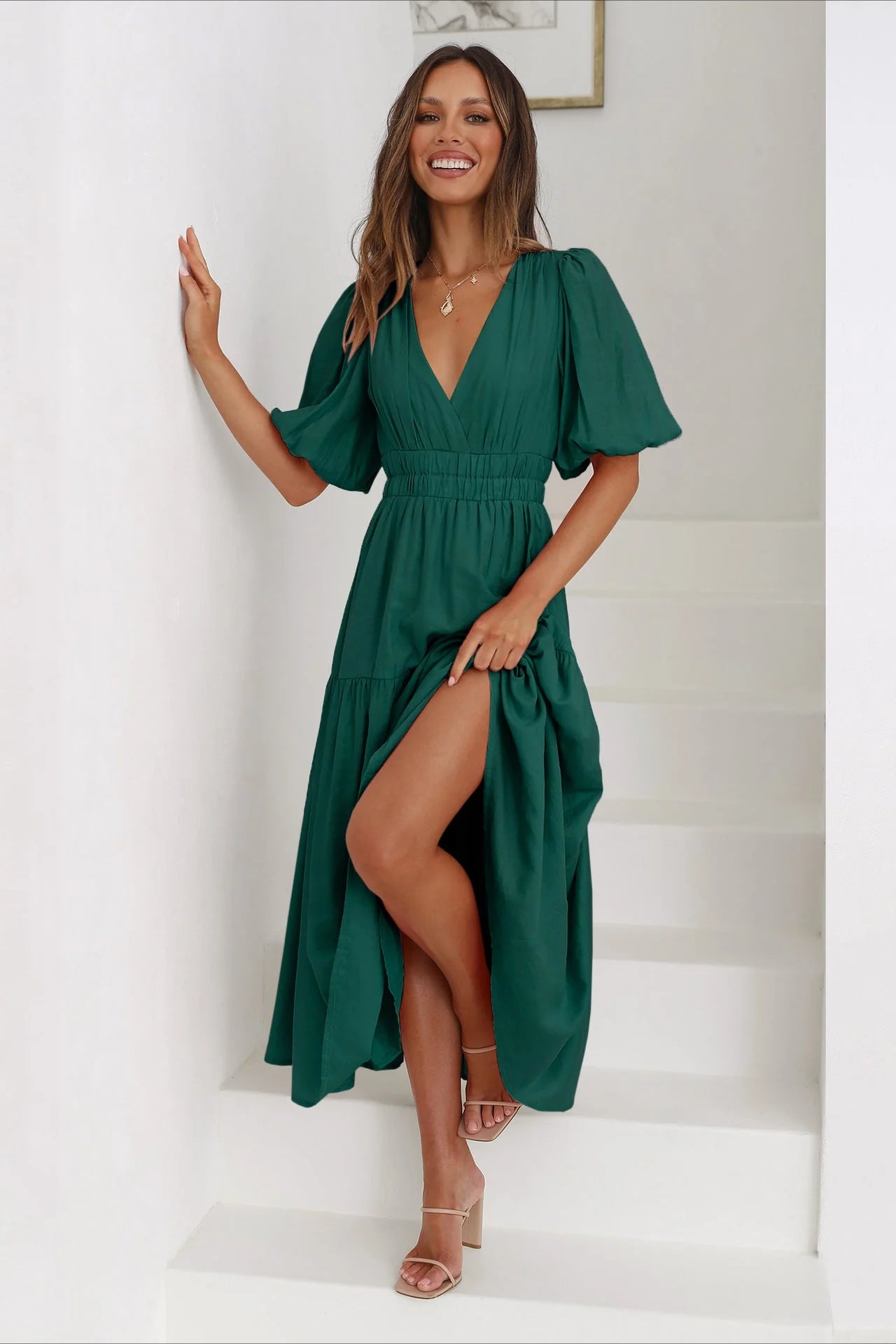 Dark Green Deep V-Neck Puff Sleeve Layered Dress