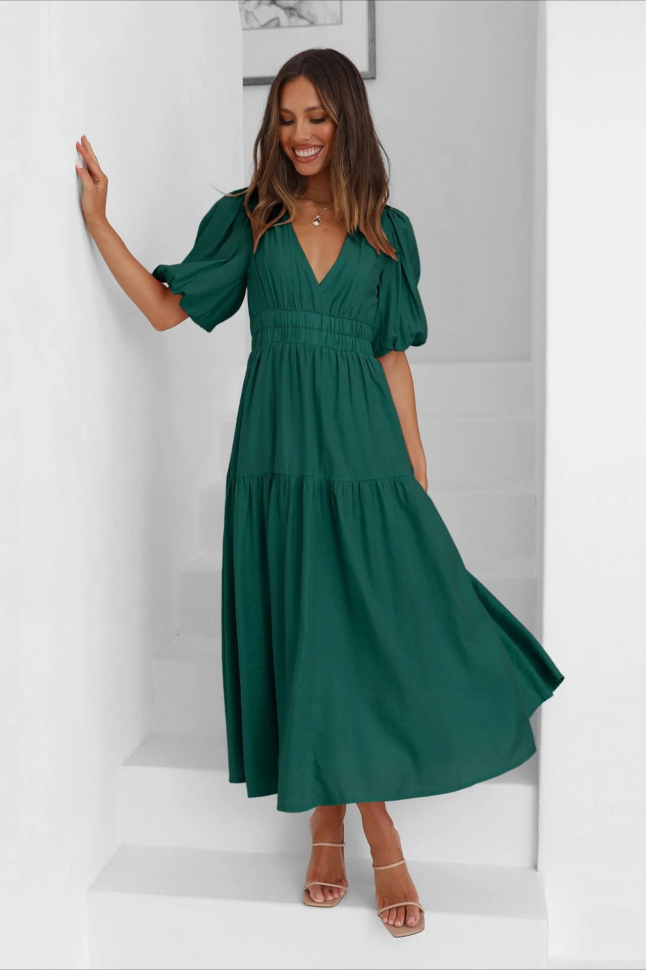 Dark Green Deep V-Neck Puff Sleeve Layered Dress