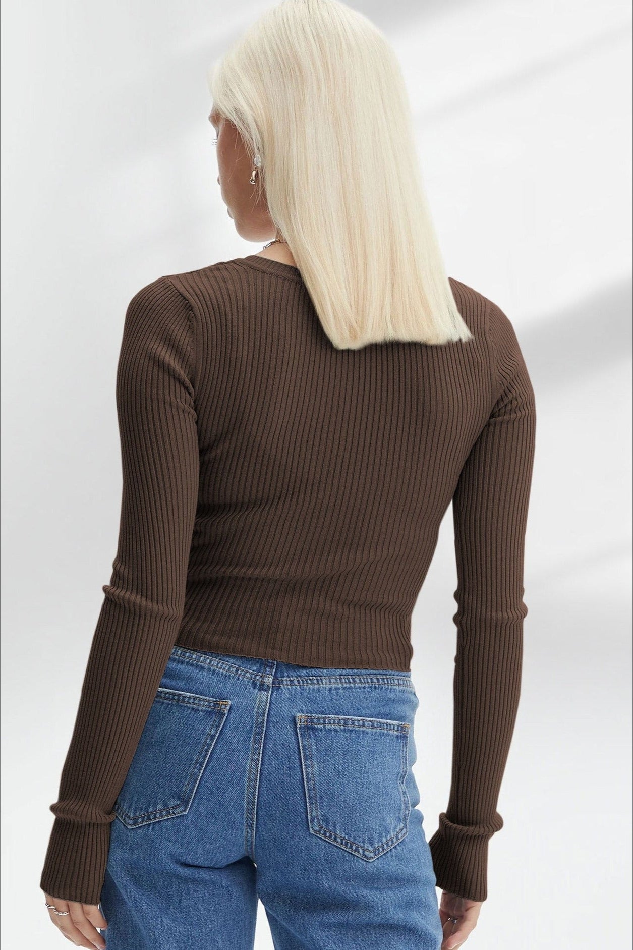 Brown Sexy Long Sleeve Knitted V-Neck Shirt