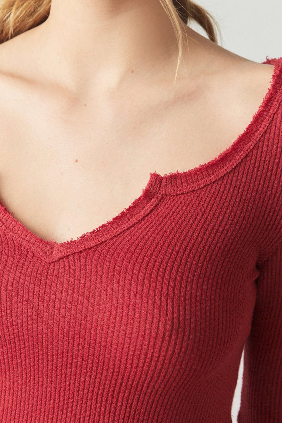 Red Ribbed V-Neck Long Sleeve Knitted Sweater Blouse