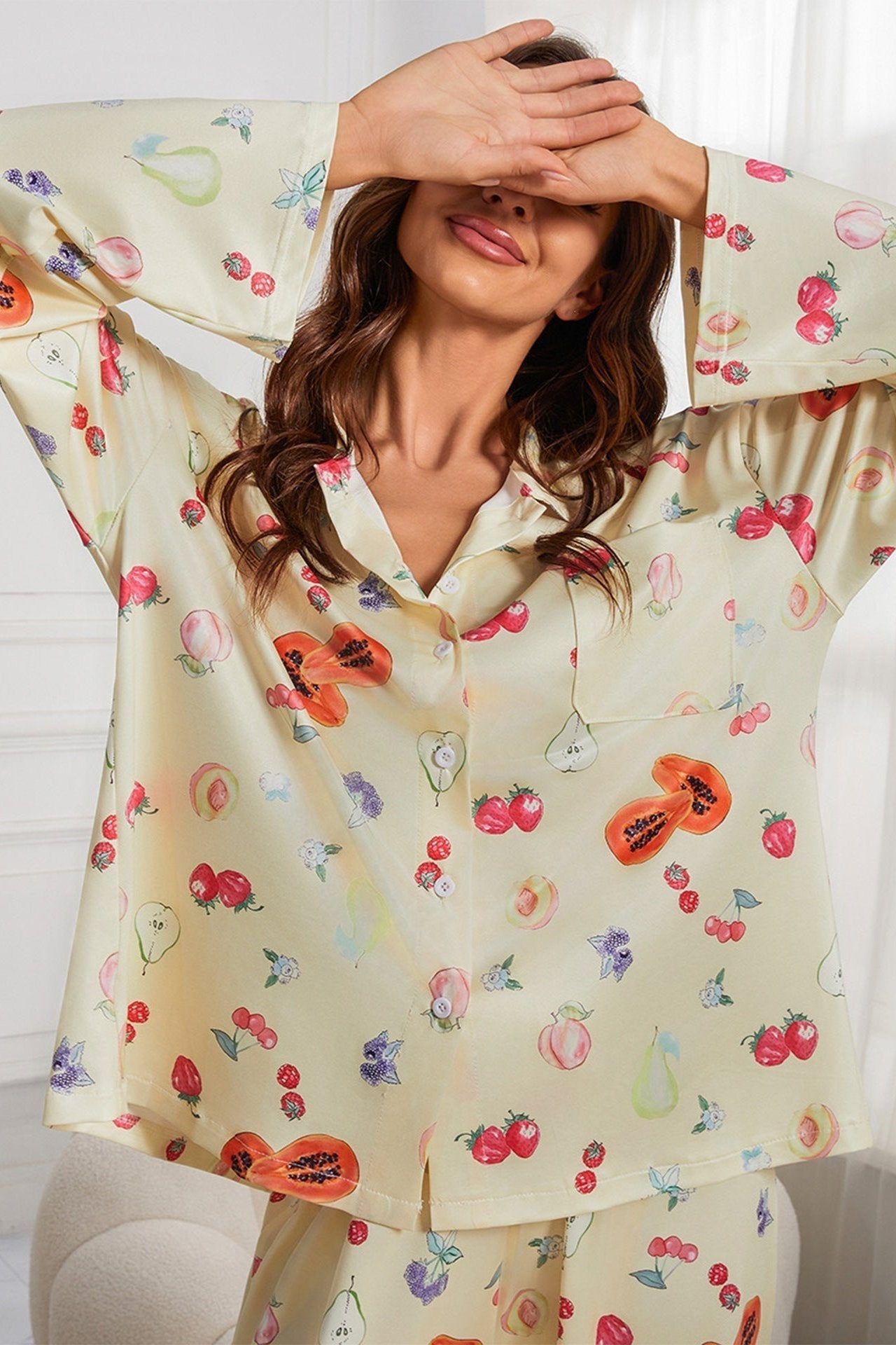 ﻿Fruit Printed Yellow Long Sleeve Shirt Wide Leg Pajama Set