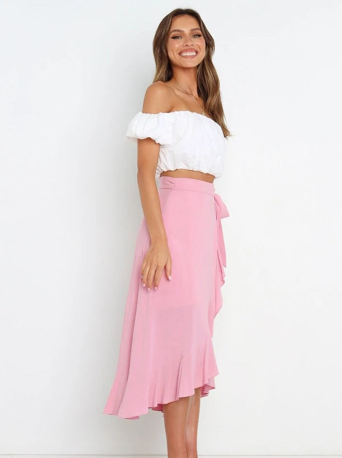 Asymmetrical Tie-Waist Ruffle Soft Pink Long Skirt