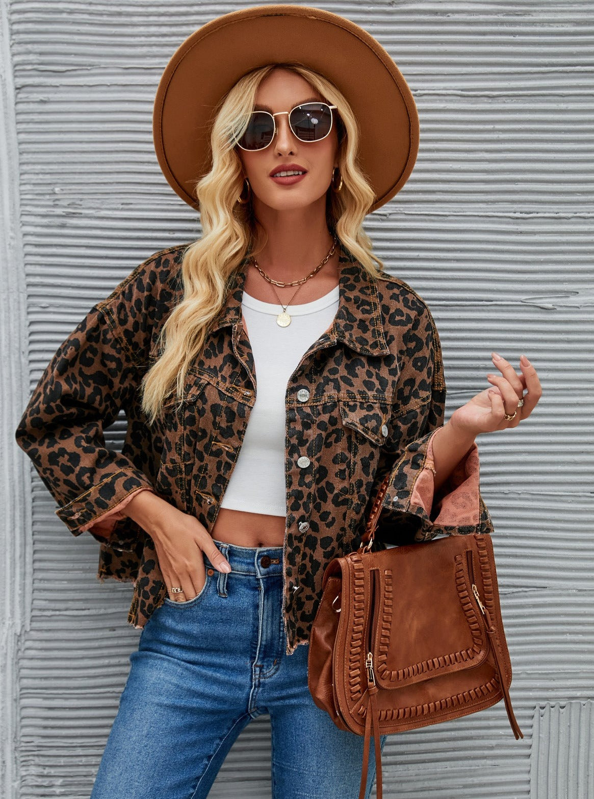 Casual Leopard Print Denim Short Jacket