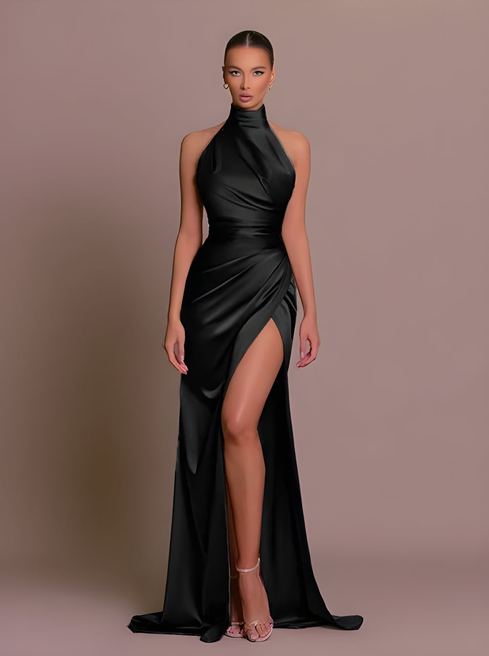 Damen Abendkleider Schwarz Satin Festliches Maxikleid Langes Elegantes Kleid mit Schlitz für Cocktail Hochzeitsgast