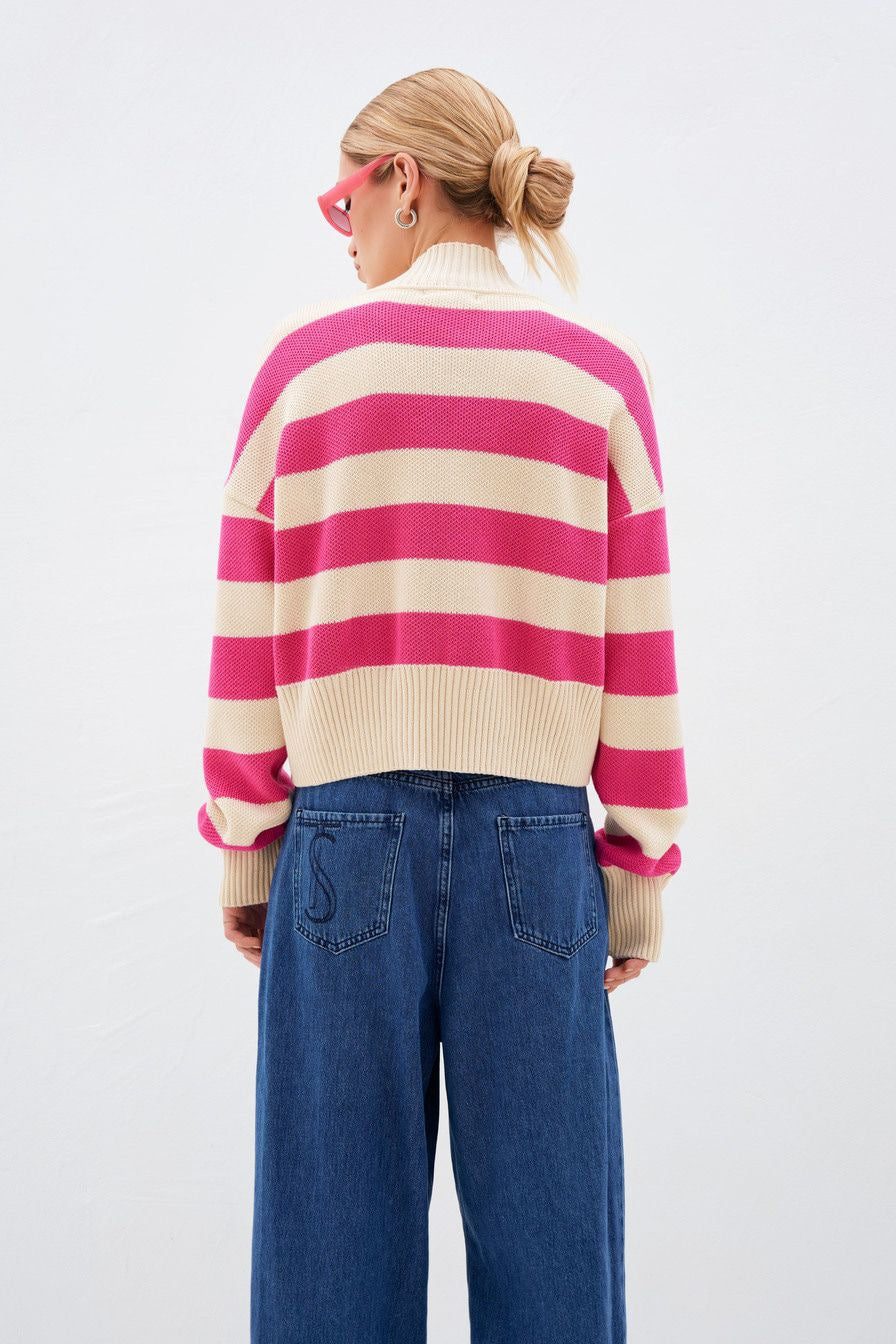 Red Deep V-Neck Striped Knitted Sweater