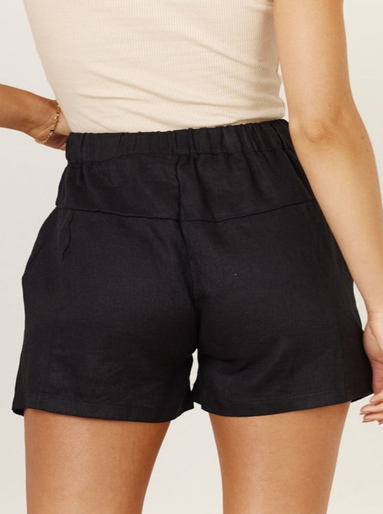 Black Stretchable Waist Casual Drawstring Summer Shorts