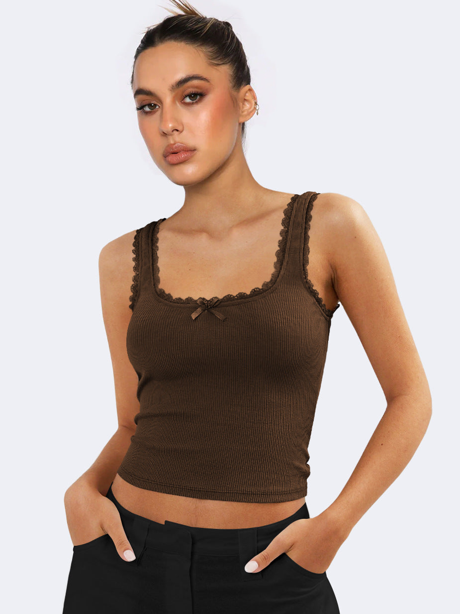 Brown Tank Lace Sleeveless Crop Top