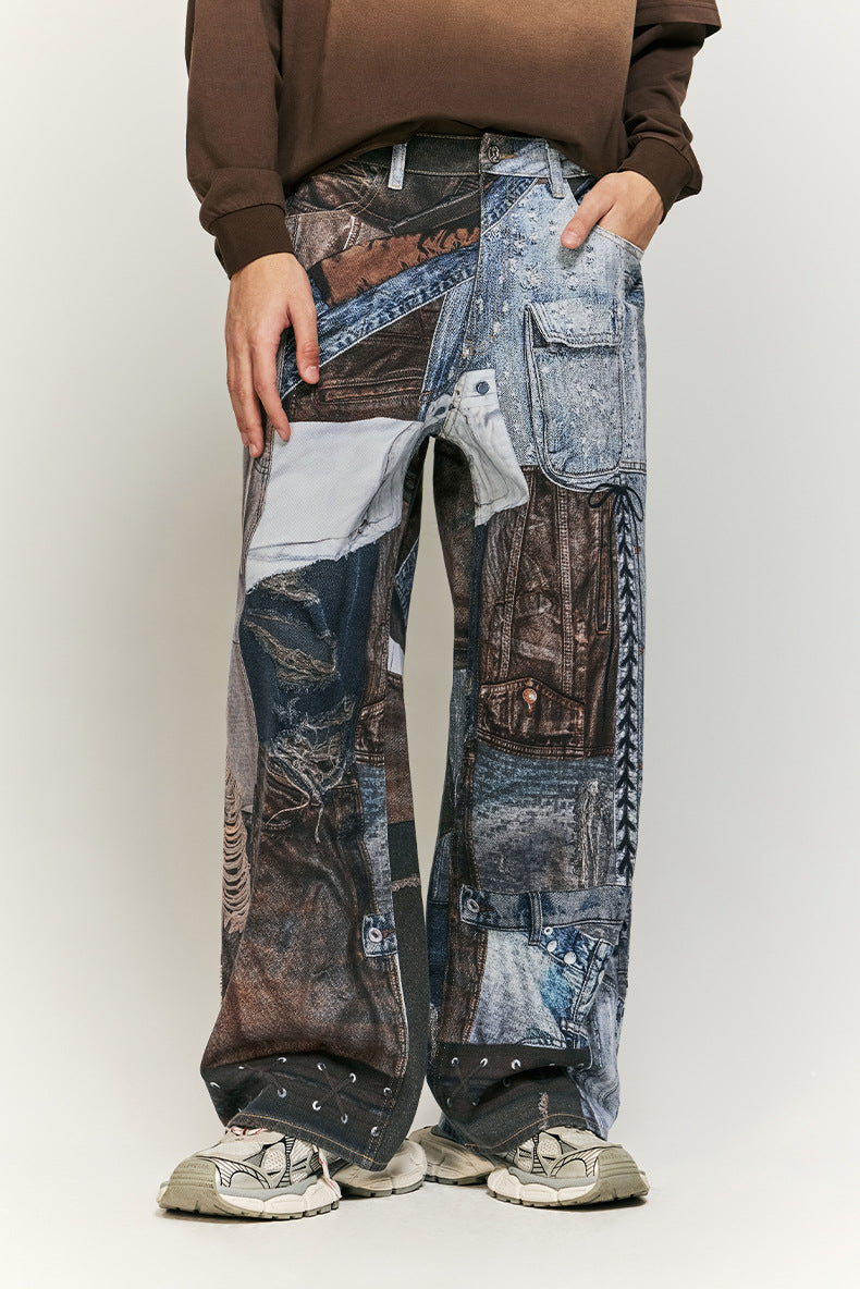 Cargo-Style Patchwork Wide-Leg Pants