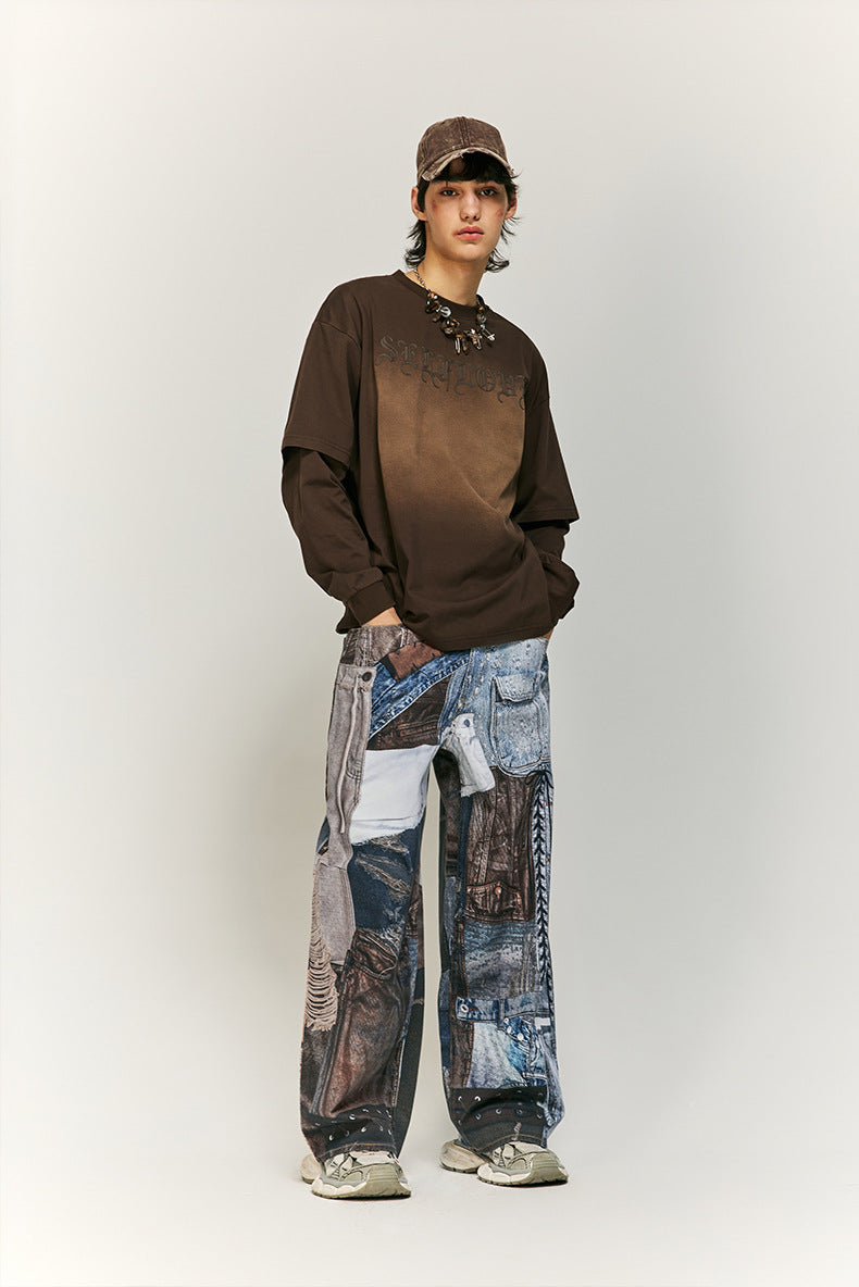 Cargo-Style Patchwork Wide-Leg Pants