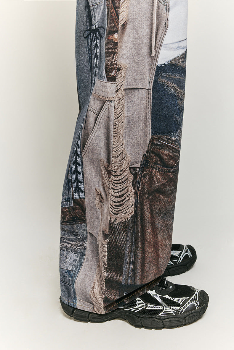 Cargo-Style Patchwork Wide-Leg Pants