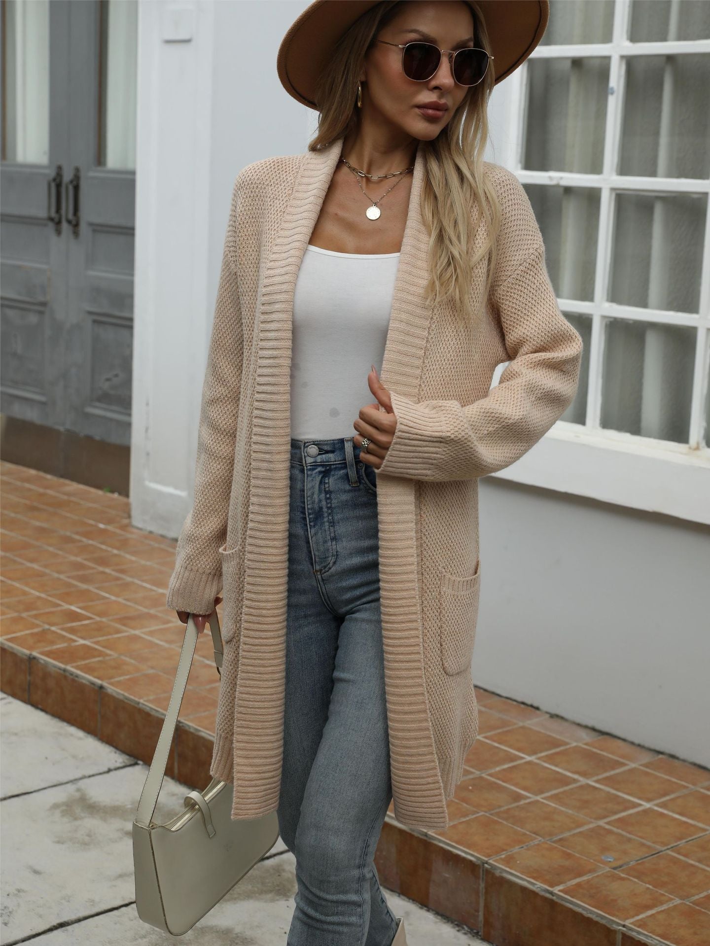 Lange Strickjacke Damen | Casual Cardigan mit Offener Front in Beige, Blau & Grau – Perfekt für Herbst & Winter