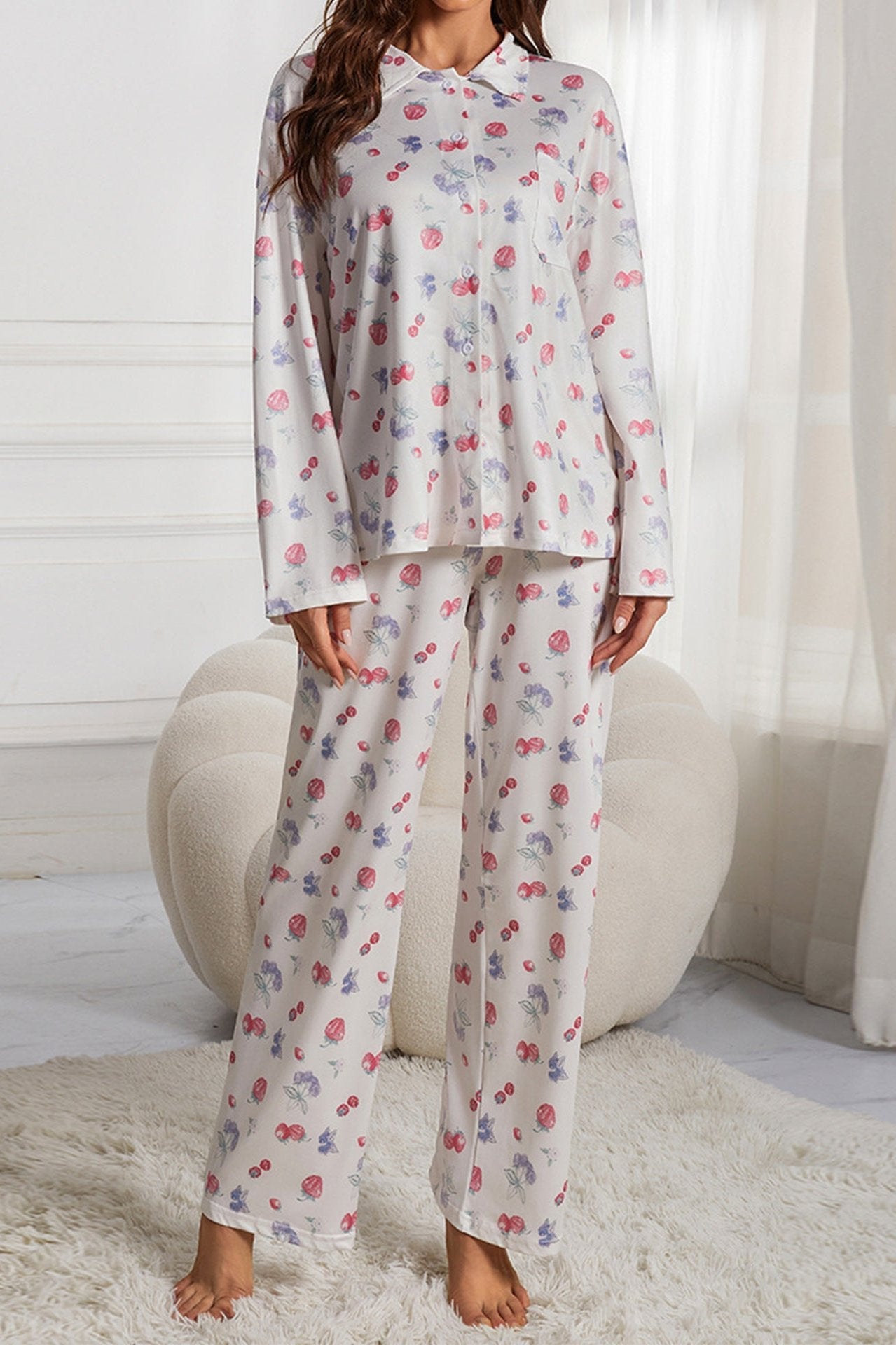 Fruit Printed White Long Sleeve Shirt Wide Leg Pajama Set