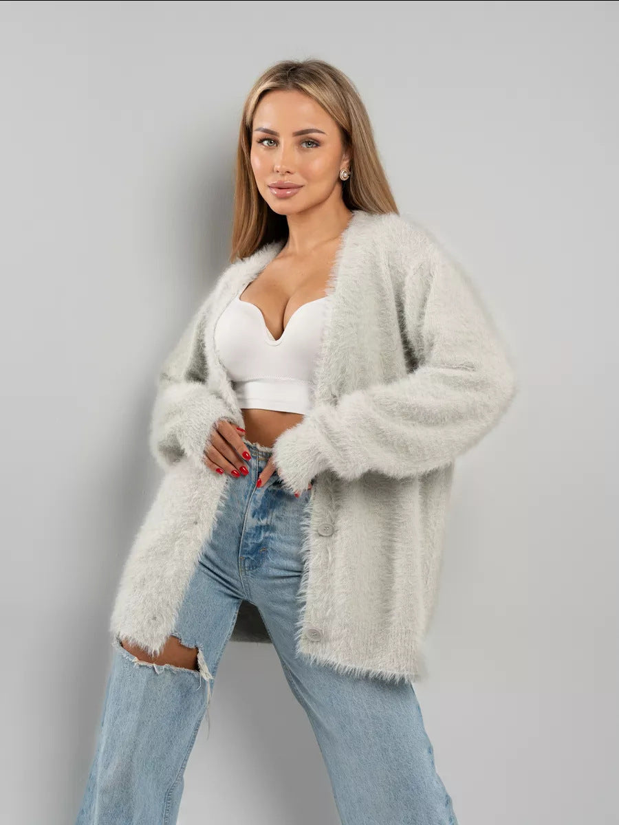 Mohair Cardigan Damen - Weiche Strickjacke mit Knöpfen und V-Ausschnitt