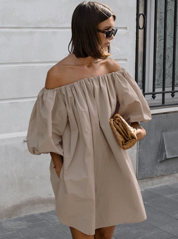 Elegant Khaki Off-Shoulder Balloon Sleeved Dress