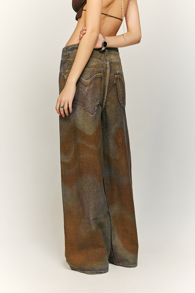 Earth-Tone Abstract Pattern Wide-Leg Denim Pants