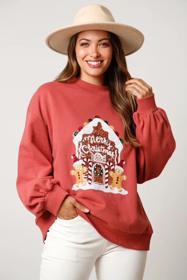 Weihnachtspullover Damen Oversize Lebkuchenmotiv Langarm Rundhals