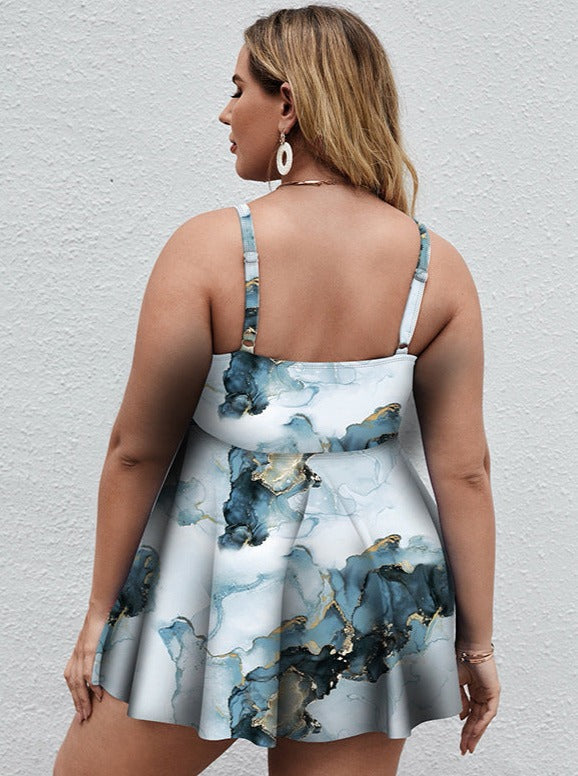 Plus Size Curvy Blue & Black Marble Printed Spaghetti Strap Tops