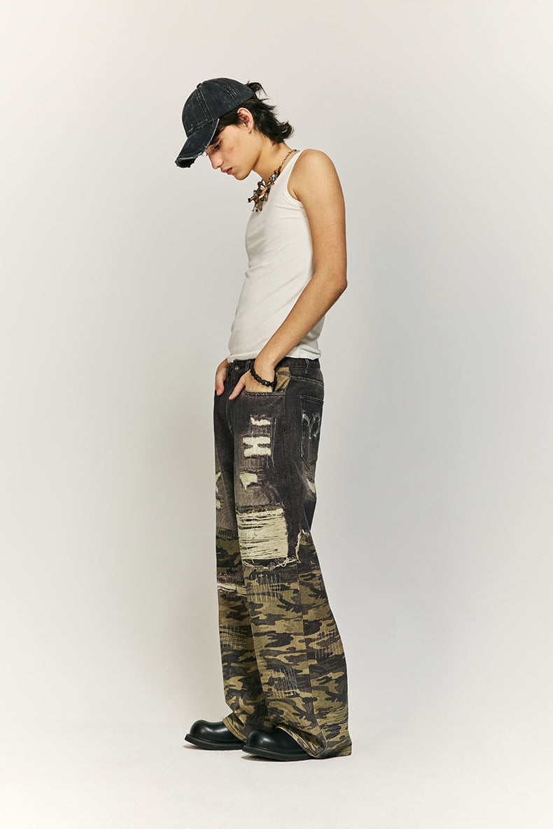 Urban Camo and Distressed Denim Wide-Leg Pants