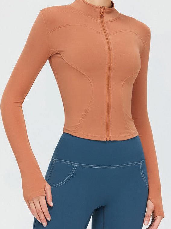 Caramel Color Zipper Long-Sleeved Quick Drying Fitness Sports Top