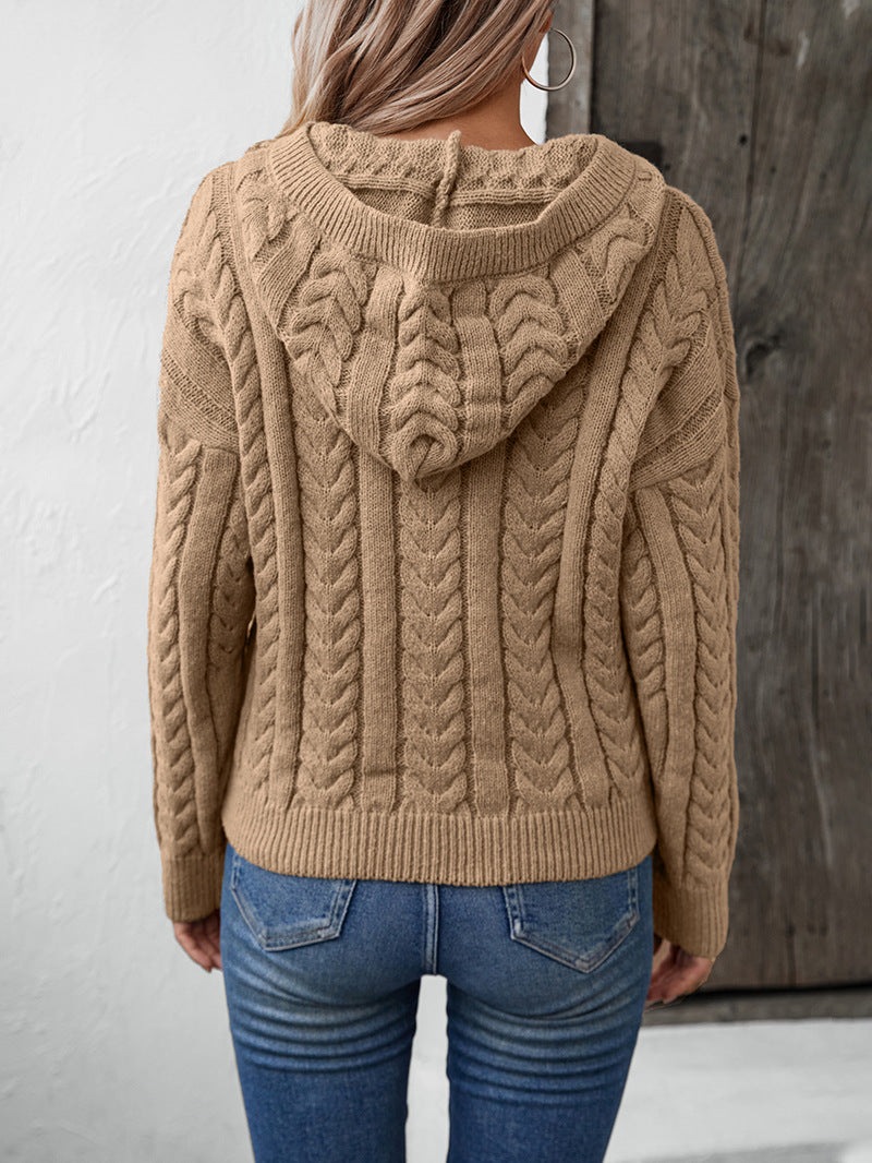 Kapuzenpullover Damen Strick Zopfmuster – Stilvoller Stricklook mit Knopfleiste