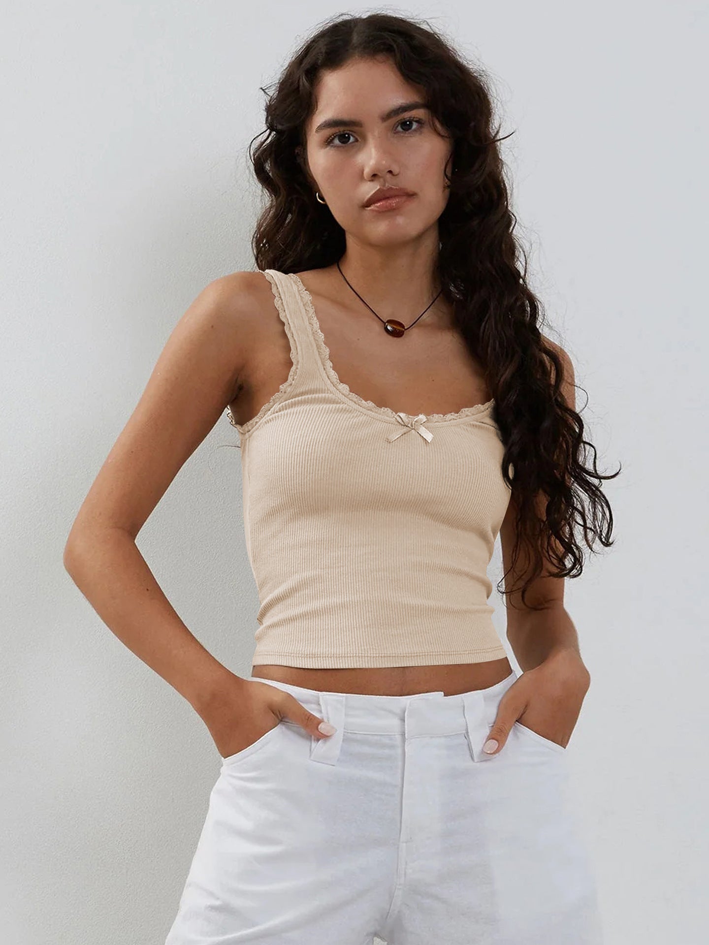 Beige Tank Lace Sleeveless Crop Top