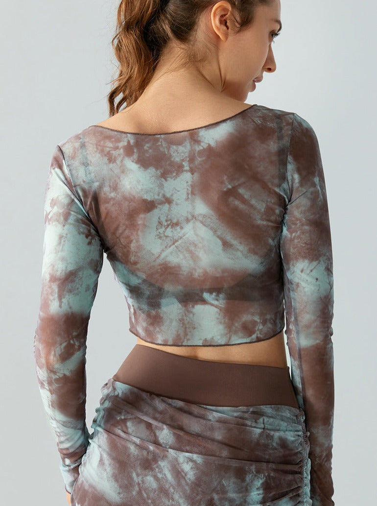 Tie Dye Long Sleeve Mesh Slim Crop Top