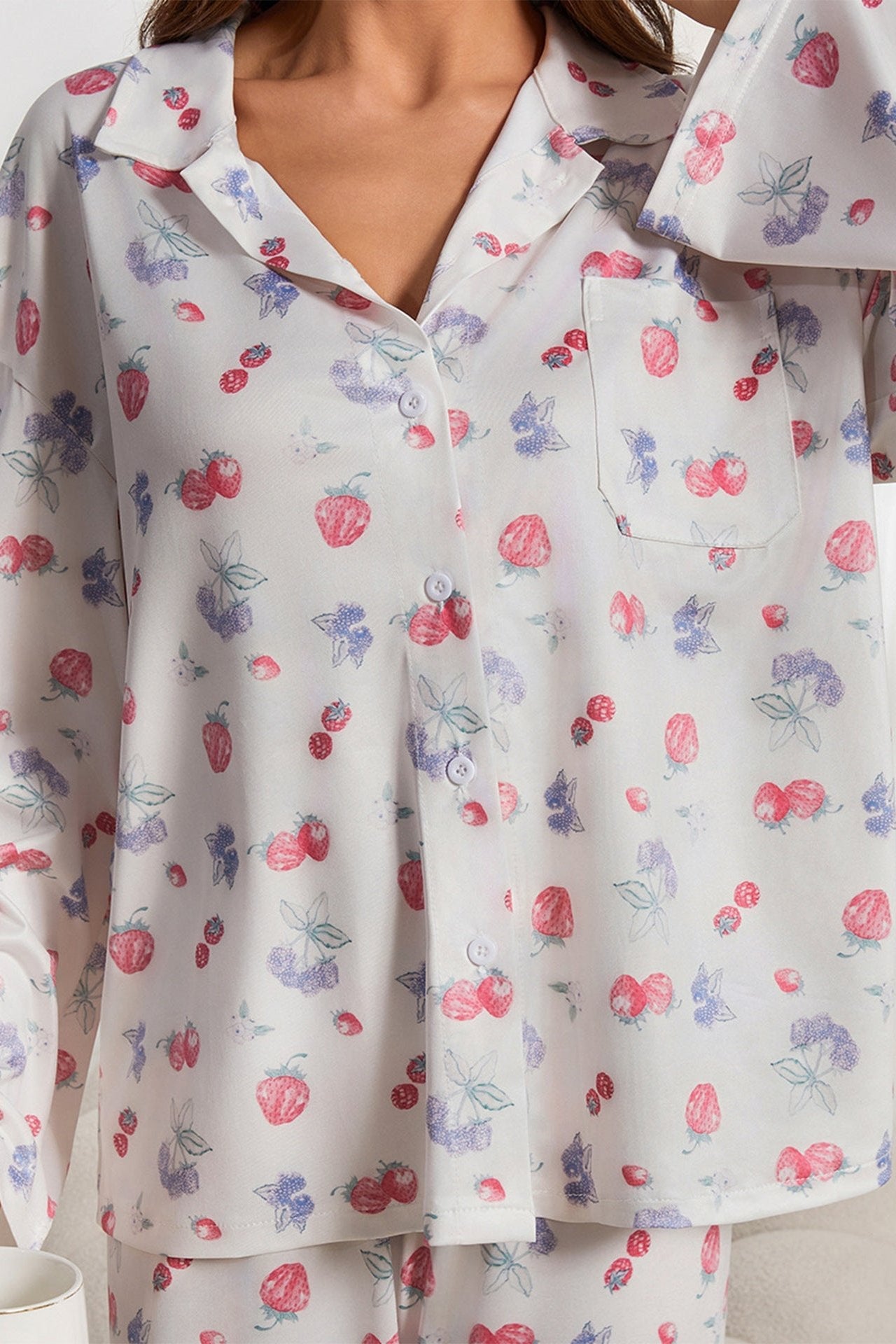 Fruit Printed White Long Sleeve Shirt Wide Leg Pajama Set