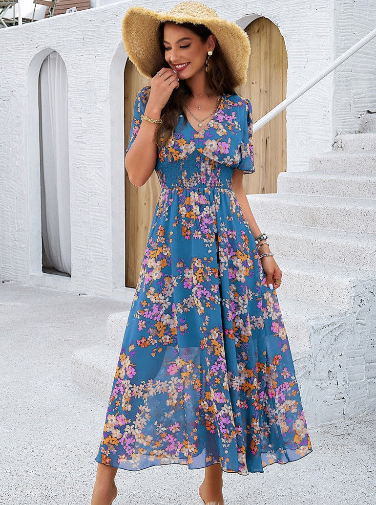 Blue Smocked Floral V-Neck Short Sleeve Dress