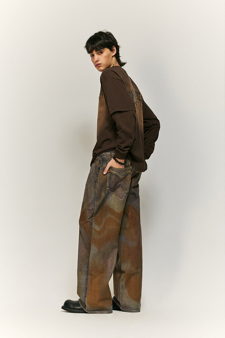 Earth-Tone Abstract Pattern Wide-Leg Denim Pants