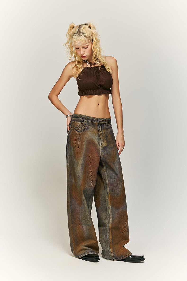 Earth-Tone Abstract Pattern Wide-Leg Denim Pants