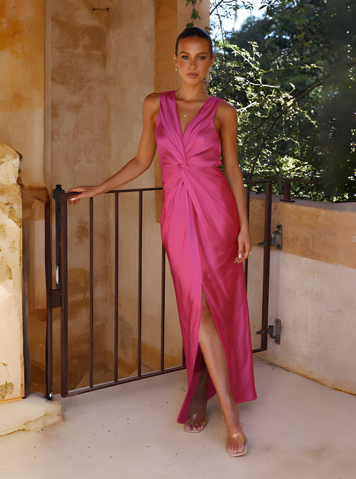 Damen Abendkleider Pink Festliches Langes Maxikleid Elegantes Kleid mit Schlitz für Hochzeit Cocktailkleid