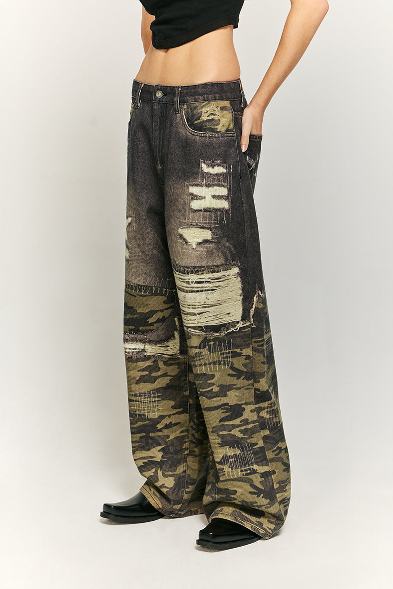 Urban Camo and Distressed Denim Wide-Leg Pants