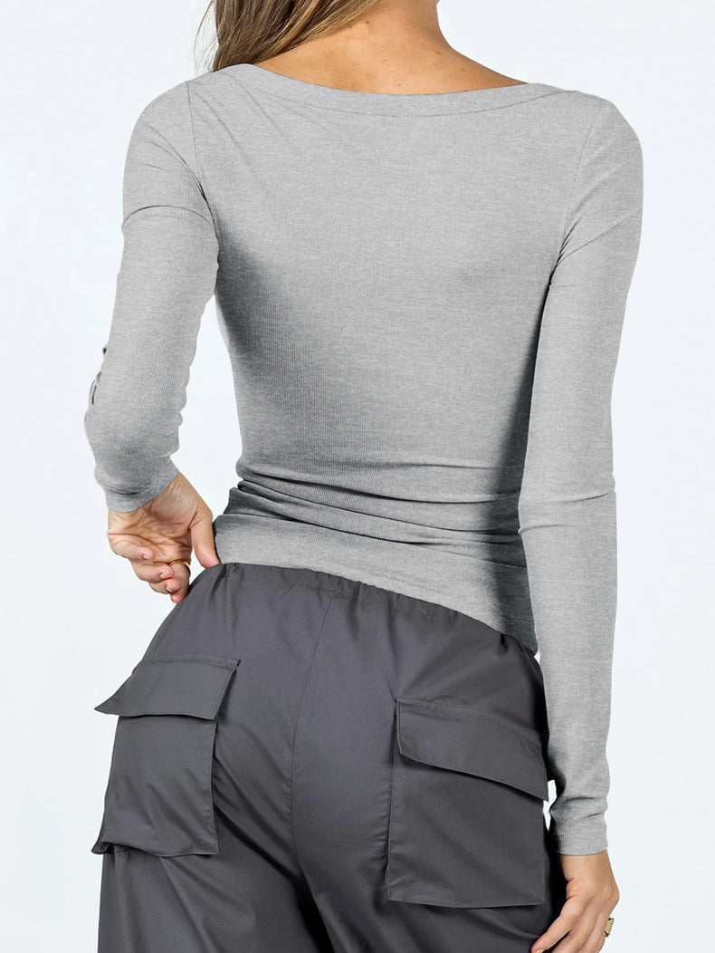 Grey Square Neck Y2K Long Sleeve Shirt