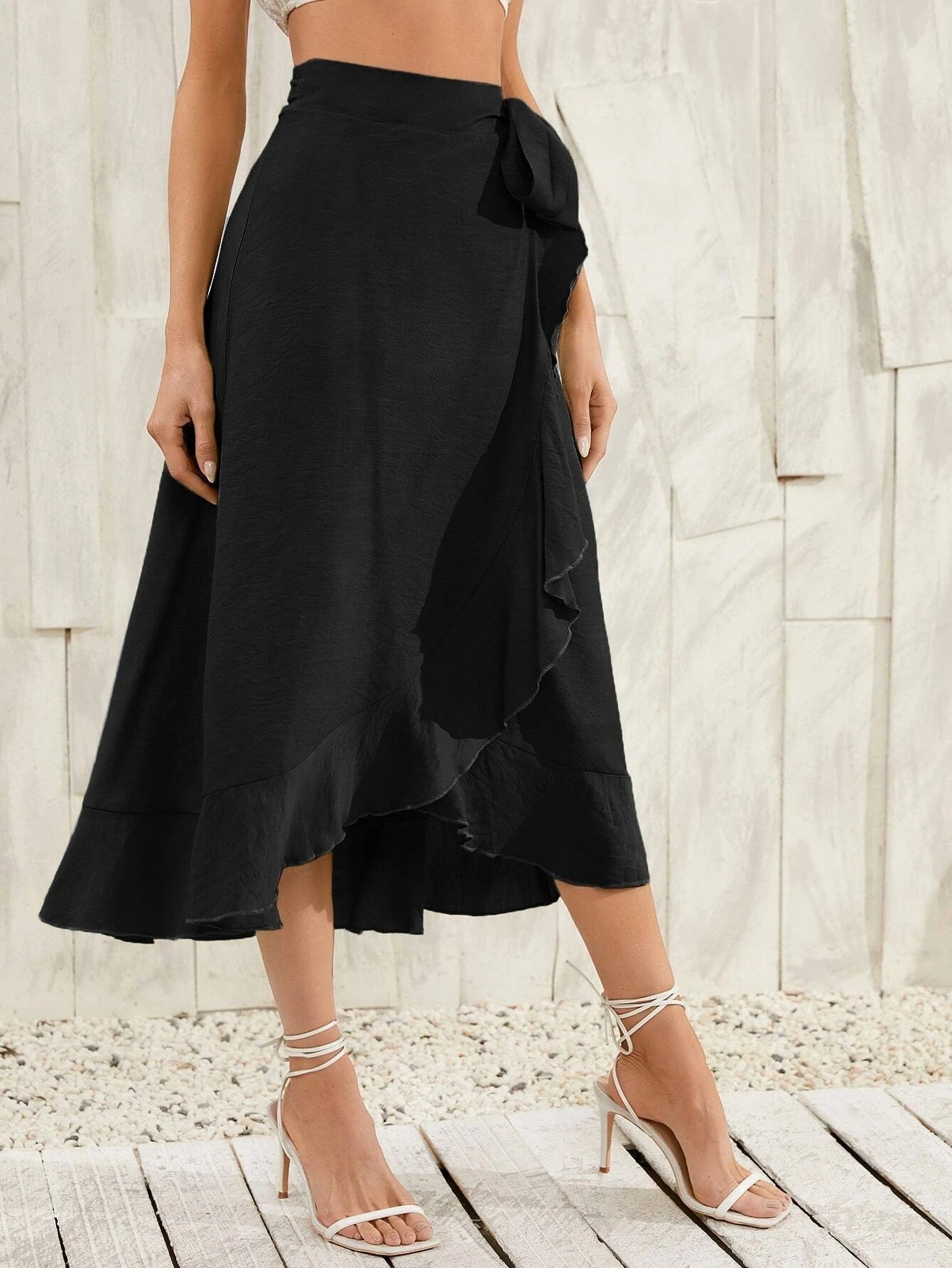 One-Piece Black Strappy Asymmetrical Long Skirt