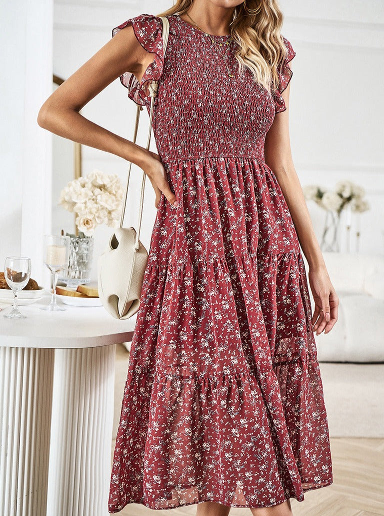 Floral Waist Defined Ruffle Trim Midi Dress