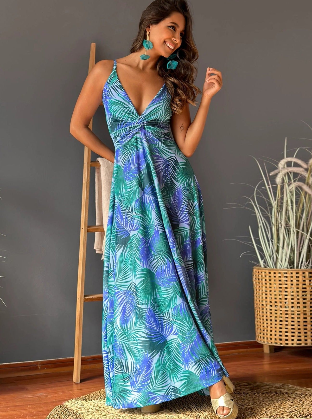 Elegant V-Neck Printed Twisted Chic Long A-Line Dress