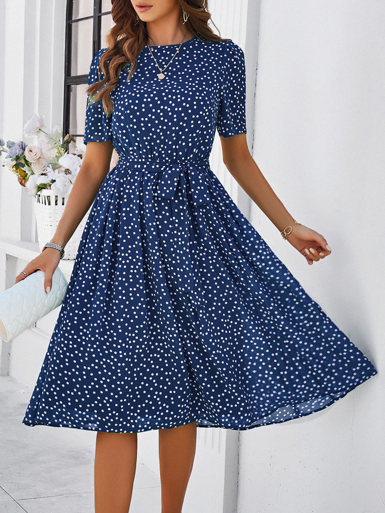 Polka Dot Chiffon Classy Blue Short Sleeve Midi Dress