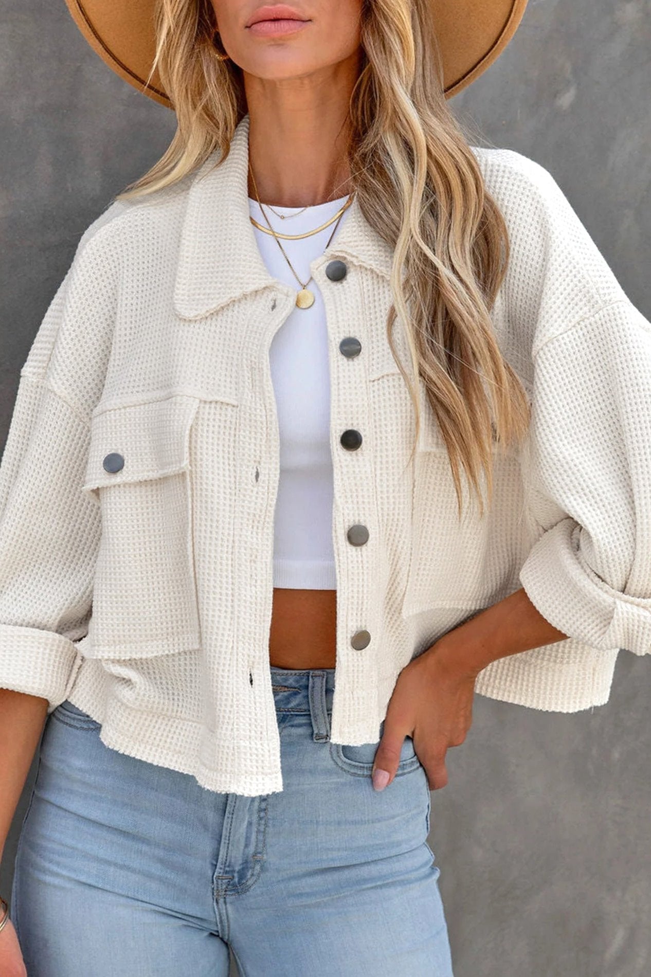 White Long Sleeve Solid Color Collared Jacket