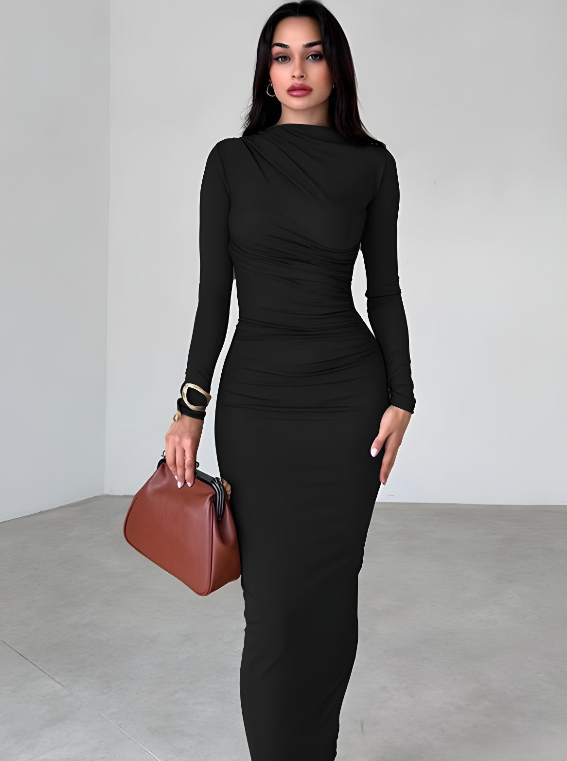 Solid Color Slim Pleated Long Sleeve Maxi Dress