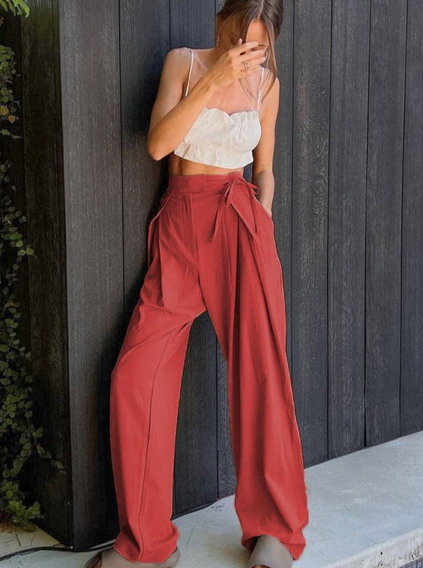 High Waist Tie-Front Wide Leg Long Pants