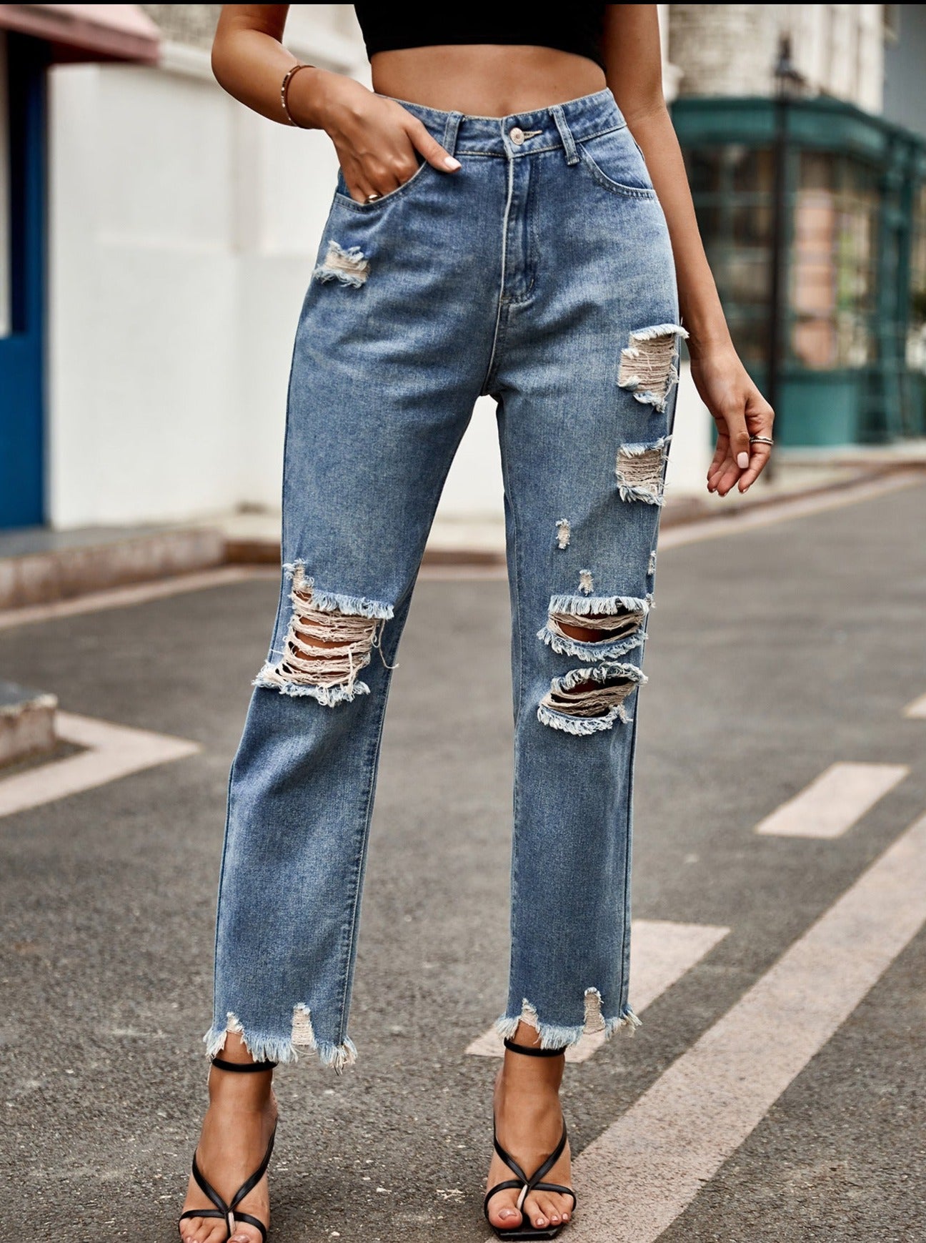 High Waist Buttoned Ripped Flare Denim Jeans