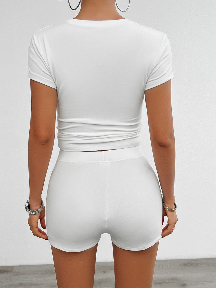 White Casual Slim Plain Shirt and Short Set