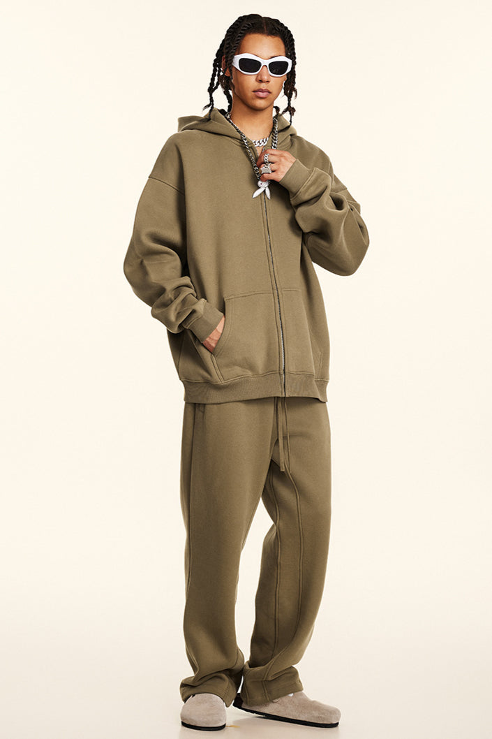 Solid Color Zipper Casual Hooded Sweatshirt and Sweatpants Set