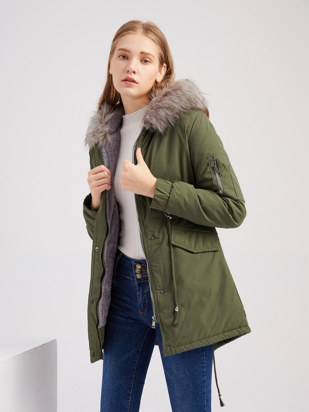 Winterjacke Damen mit Kapuze und Kunstfell Gefüttert Modisch