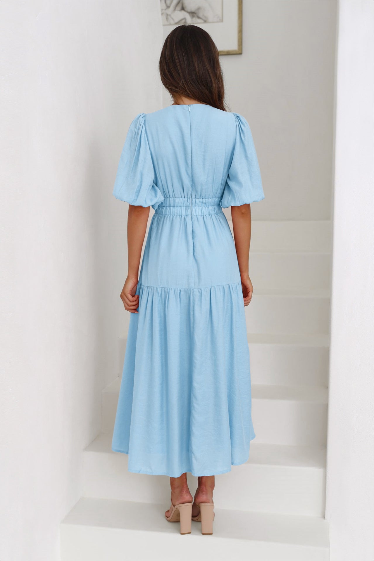 Sky Blue Deep V-Neck Puff Sleeve Layered Dress