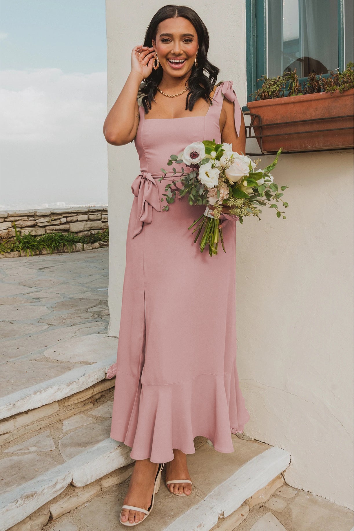 Light Green Dusky Pink High-End Square Neck Sleeveless Slit Dress