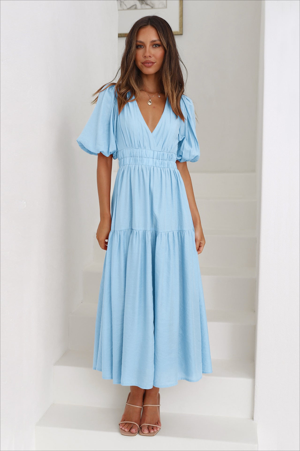 Sky Blue Deep V-Neck Puff Sleeve Layered Dress