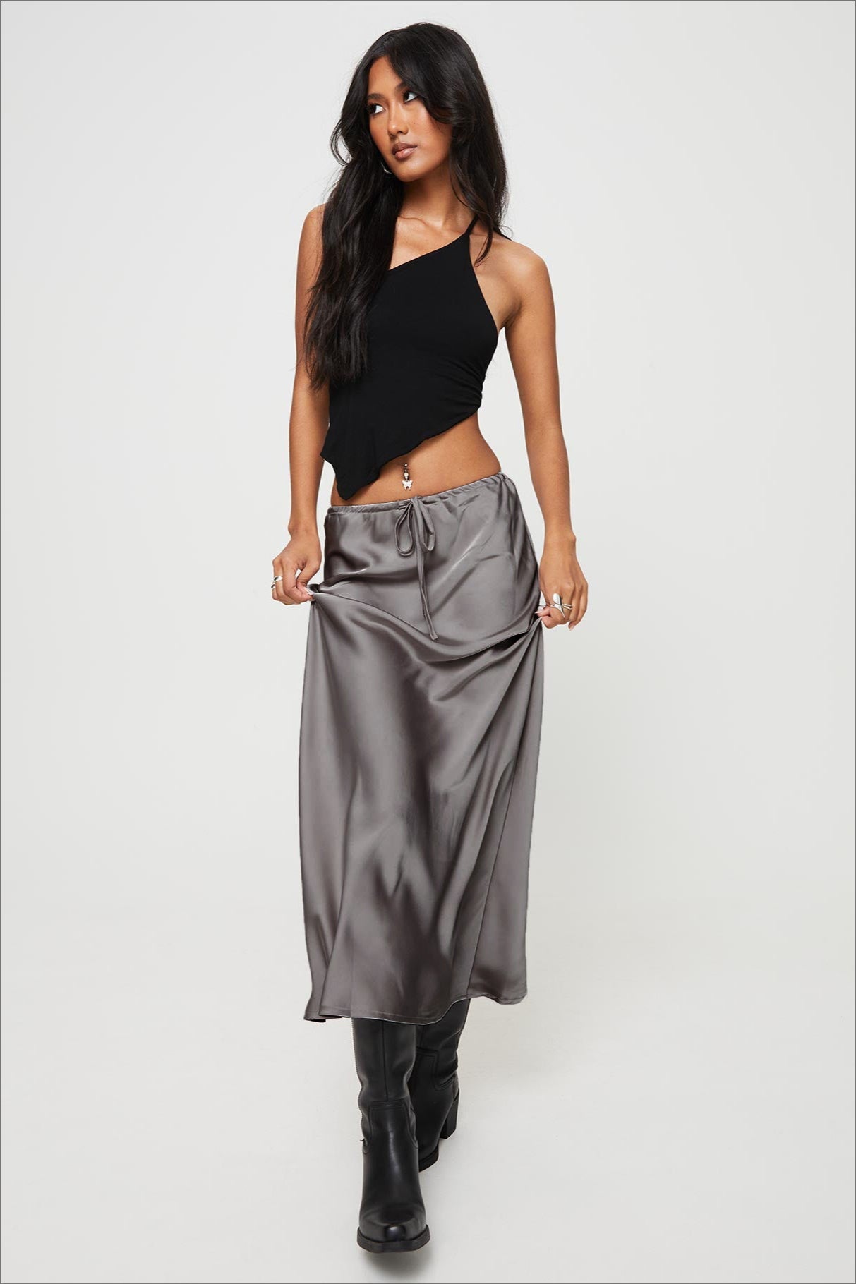 Charcoal Gray Tie Waist Maxi Skirt